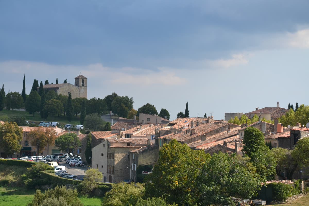 Tourtour, the village in the sky, with church tower and cypresses