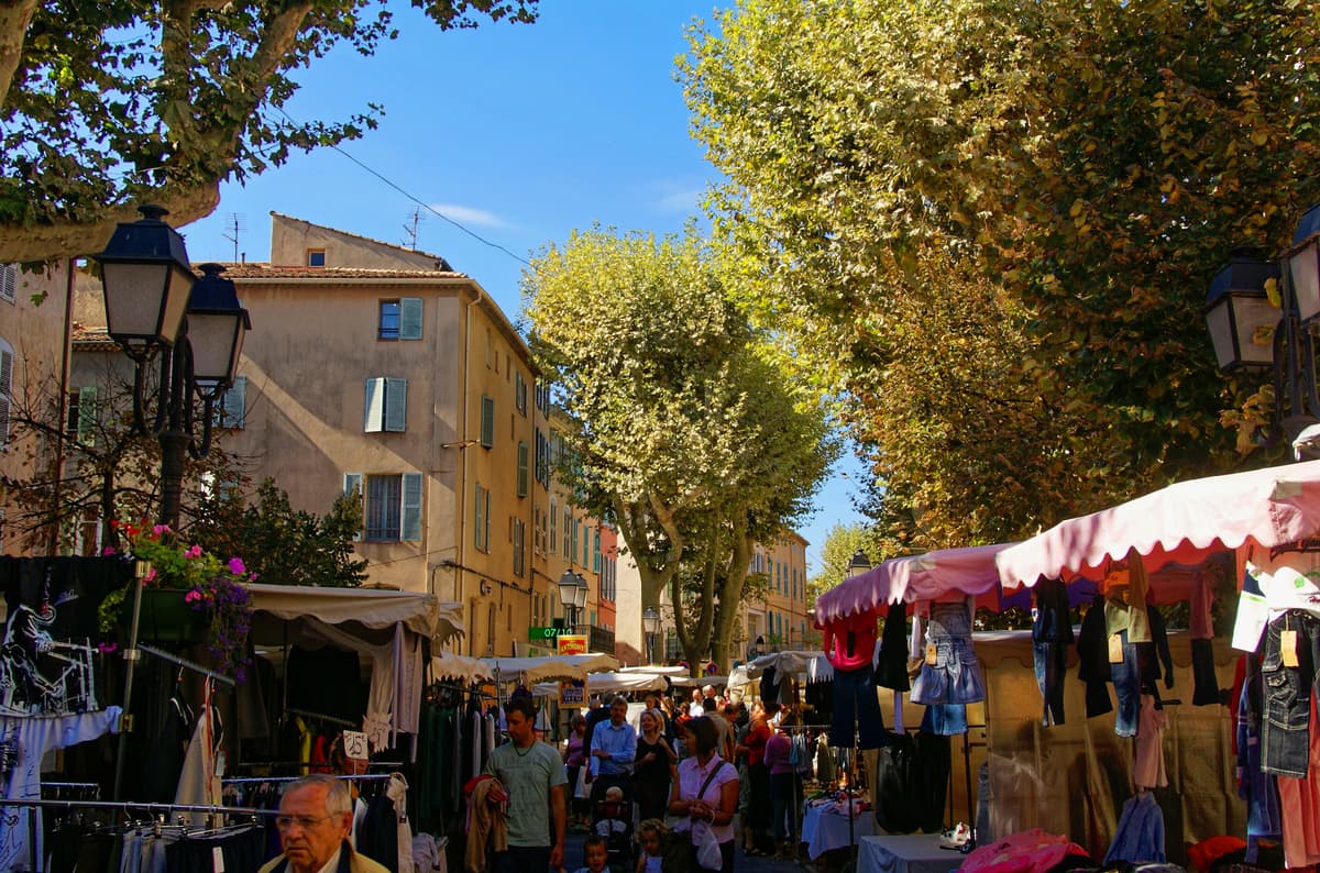 Markt onder de platanen op de Place du Revelin in Lorgues